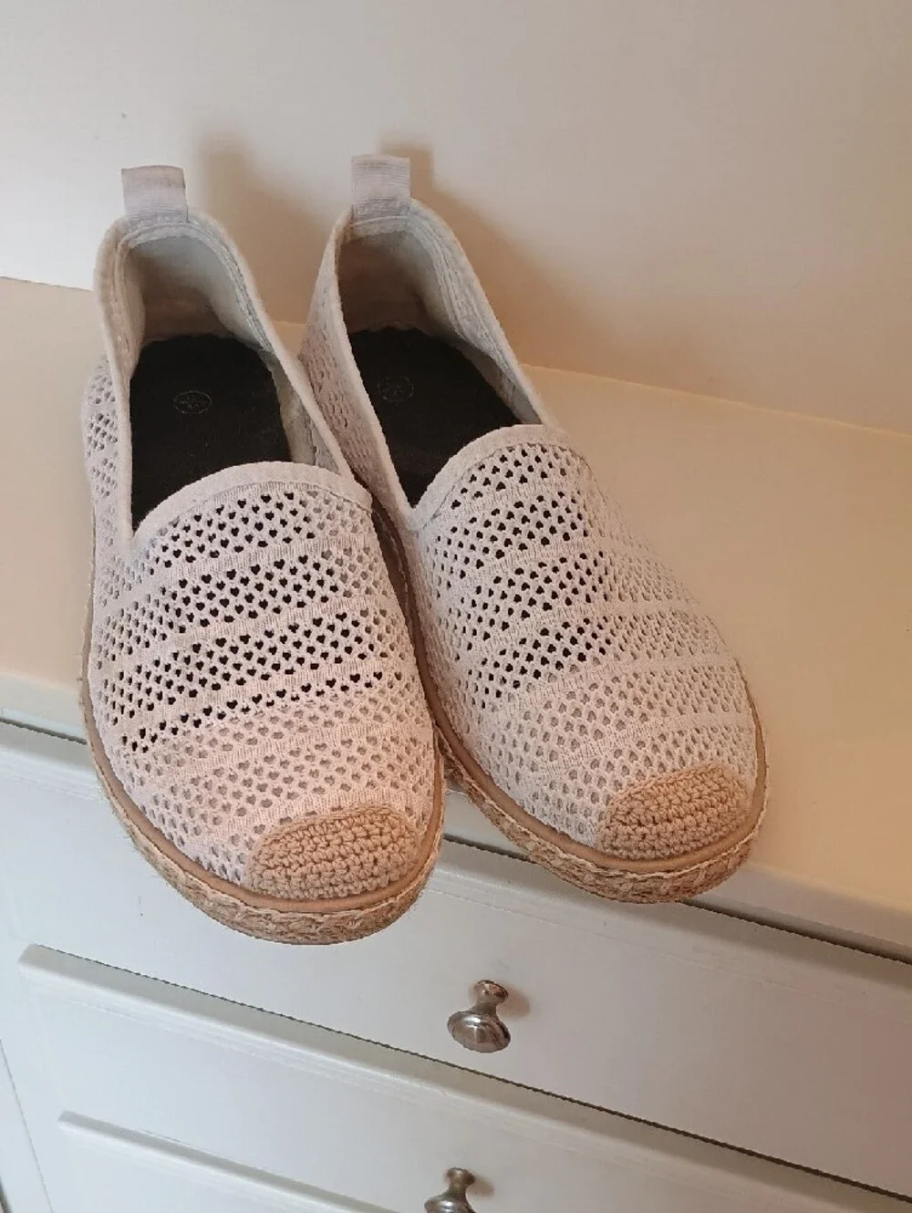 Women’s White Crochet Espadrille Heart Design Slip-On Shoes Flats